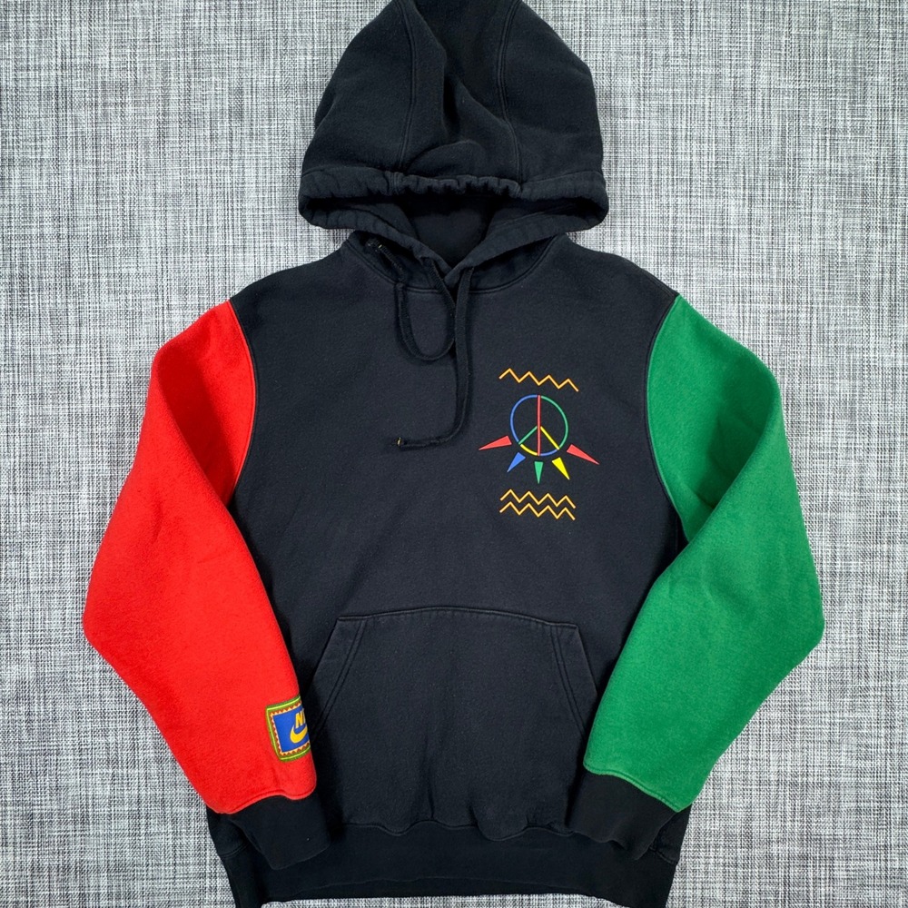 Nike Mens Medium Peace Colorblock Hoodie Black Red Green Cotton Blend Fleece